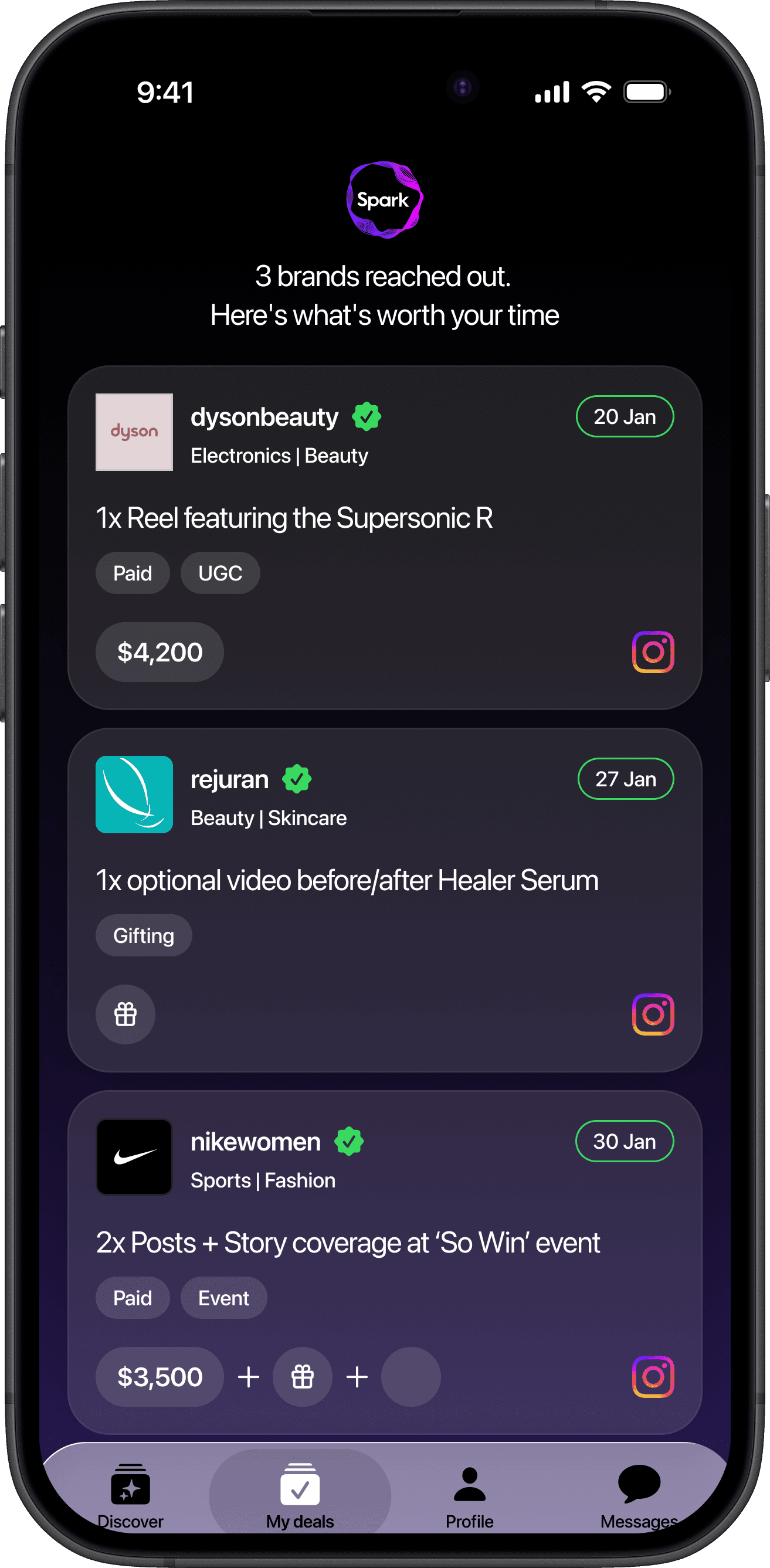 Spark app showing your personalized brand deal feed