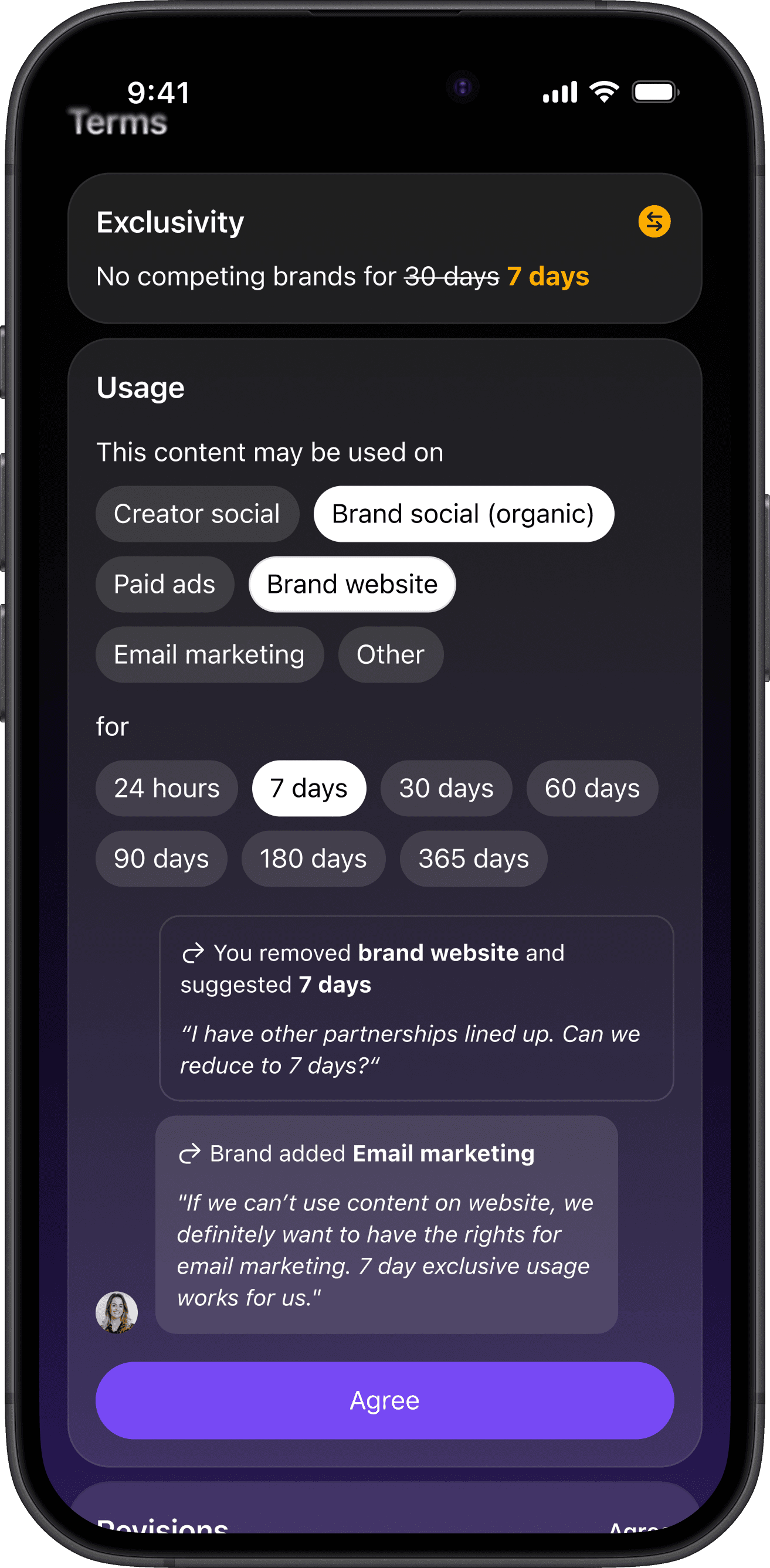 Spark negotiation showing Creator edits to exclusivity and usage terms with Brand responses